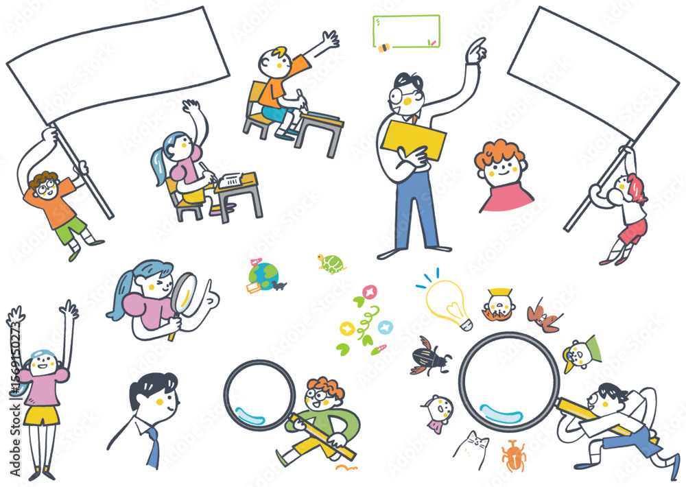 Φωτογραφία 発見して旗を振って勉強するぞ　学習塾　セットのイラスト素材
