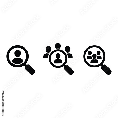 Black Magnifying Glass Icons with Person and Group Silhouettes