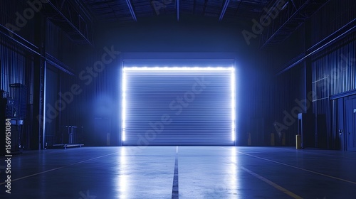 Illuminated Gateway  An industrial interior features a glowing blue neon square set within an open gateway  casting an ambient glow  and creating a futuristic architectural design.
