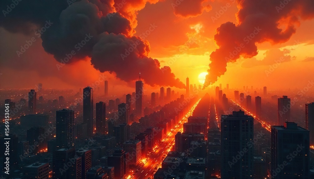 Fototapeta premium Fiery Apocalypse Crumbling Cityscape Engulfed in Flames and Smoke, a Scene of Utterly Devastating Chaos Under an Angry Orange Sky