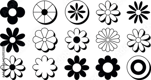Retro vector flower icons: black and white minimalist design set