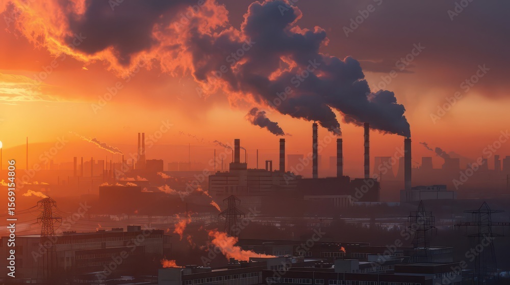 Fototapeta premium Industrial landscape at sunset with smoke billowing from factories and power lines.