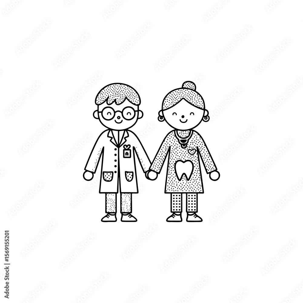 Cartoon dentist and dental nurse holding hands in black outline doodle style for dental clinic branding, oral health campaigns, and educational materials on transparent background. Cartoon dentist and dental nurse holding hands in black outline doodle style for dental clinic branding, oral health campaigns, and educational materials on transparent background.