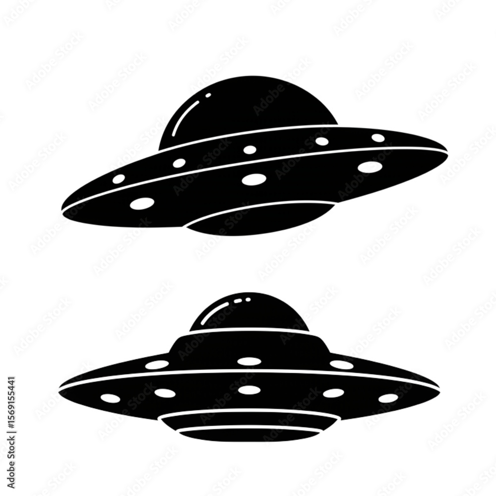 Two flying saucers or UFOs in a minimalist design, perfect for logos, icons, or science fiction themed graphics with a retro or futuristic aesthetic. Two flying saucers or UFOs in a minimalist design, perfect for logos, icons, or science fiction themed graphics with a retro or futuristic aesthetic.