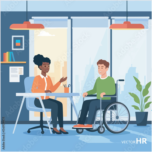 Inclusive Workplace Hiring Manager and Applicant with Disability Discussing Employment Opportunities in Modern Office
