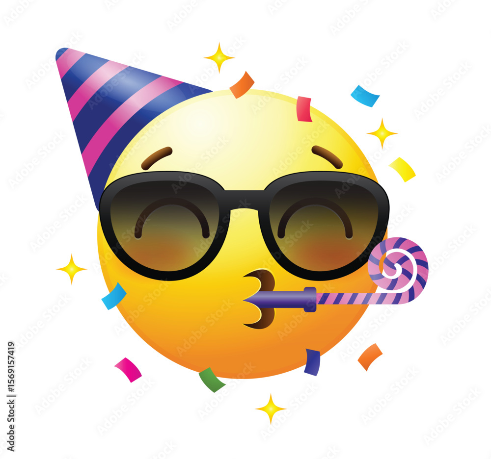 Fototapeta premium Party emoji with party hat and horn. Celebration emoticon vector icon.