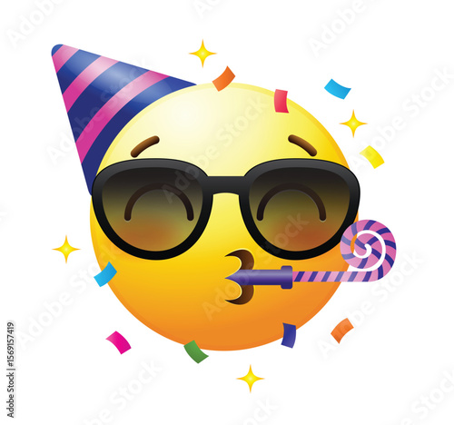 Party emoji with party hat and horn. Celebration emoticon vector icon.