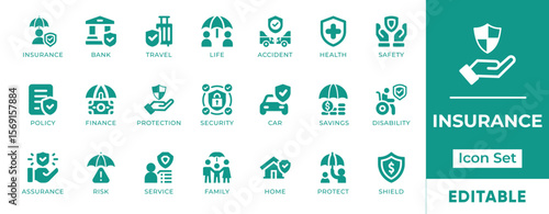 Insurance Icon Set. Includes icons of health, life, car, home, and travel insurance, coverage, protection, and claims. Perfect for apps, websites, and infographics.