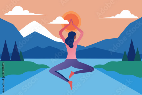 A beautiful woman practices yoga on a summer beach, her body a silhouette against the sky, illustrating the fun of fitness by the sea