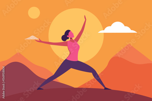 Beautiful woman practices yoga on the beach, her silhouette against the summer sunset sky, embodying health and nature