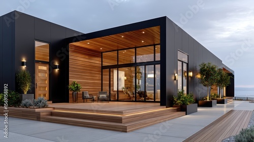 Modern black and wood exterior home with large glass windows, outdoor seating, and landscaped greenery under a cloudy sky at dusk.