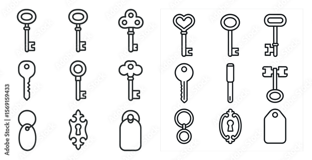Set of keys with a keyhole and a tag. The keys are all different shapes and sizes Set of keys with a keyhole and a tag. The keys are all different shapes and sizes