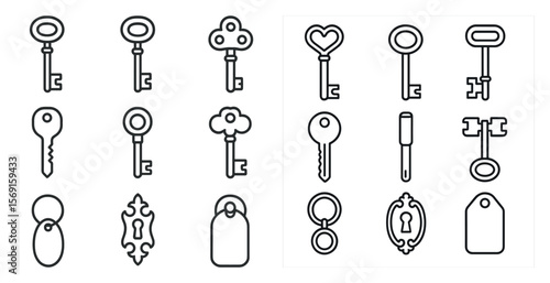 Set of keys with a keyhole and a tag. The keys are all different shapes and sizes
