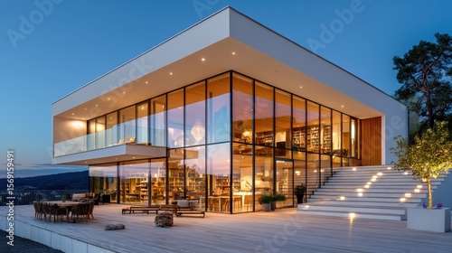 A modern  glass-walled house with sleek architecture is illuminated at dusk  featuring an outdoor dining area and a wide staircase with ambient lighting.