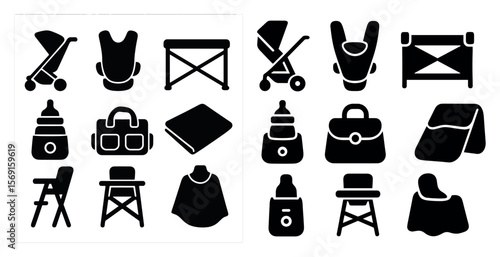 The image is a collection of various baby items and accessories. The items include a stroller, a baby carrier, a high chair, a crib, a baby bottle, a diaper bag, a blanket, a toy, and a book