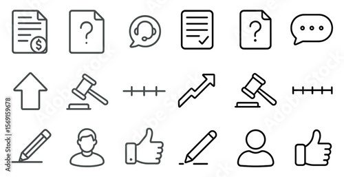 Set of icons that include a gavel, a dollar sign, a check mark, a thumbs up, a pencil, a person with a hand on a heart, a person with a hand on a clock, a person with a hand on a