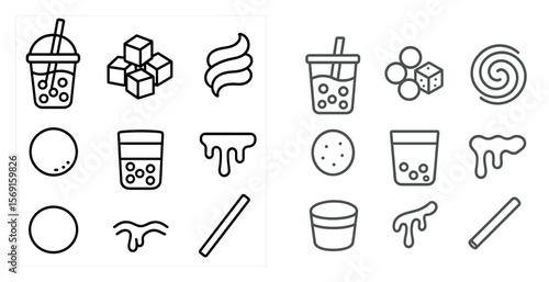 The image is a set of food and drink icons, including cups, straws, and other items. The icons are arranged in a grid, with some overlapping each other. Scene is playful and fun