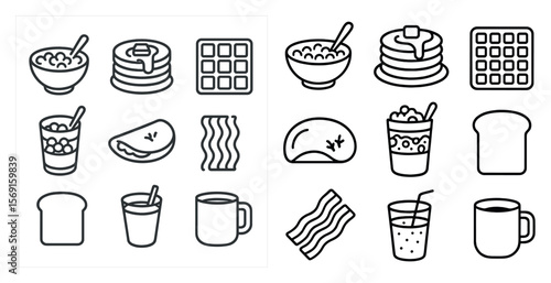 The image is of various food items, including waffles, pancakes, and toast. The food items are arranged in a grid, with some items overlapping each other. Scene is casual and inviting