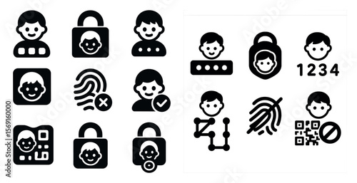 Series of faces with different expressions, including smiling and frowning. The faces are all black and white, and they are arranged in a grid-like pattern. Scene is somewhat somber
