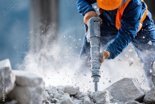 A man in a blue and orange outfit is using a jackhammer to break up rocks