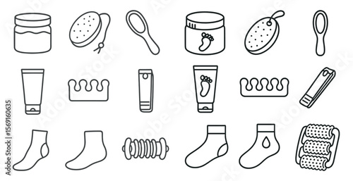 Collection of items related to foot care and personal grooming. The items include a foot brush, foot scrub, foot cream, and a foot roller