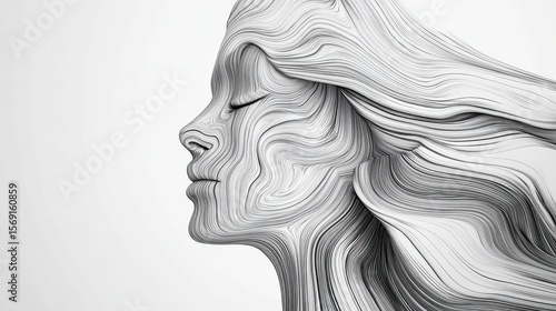 Abstract Portrait of a Woman with Flowing Hair in Black and White