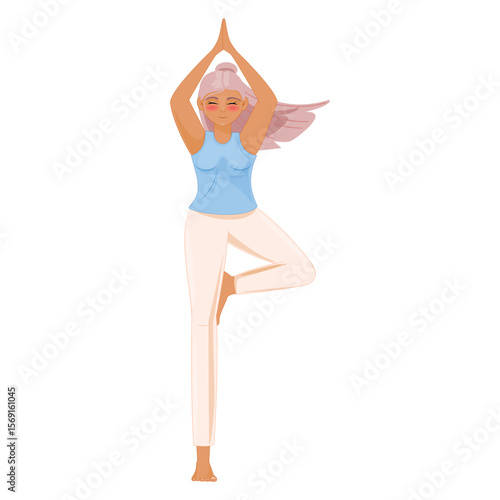 Girl practicing yoga, vrikshasana pose, mindful exercise, healthy lifestyle, flat character design