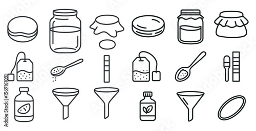 Series of jars and spoons with a tea bag in the middle. The jars are lined up in a row, with some containing liquids and others containing solids. The spoons are scattered throughout the image
