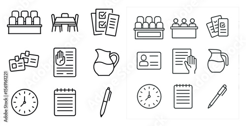 Set of icons for a business office. The icons include a clock, a pen, a cup, a chair, a table, and a person. The clock is on the left side of the image, the pen is on the right side