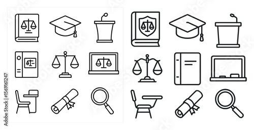Set of icons for a school or university. The icons include a book, a graduation cap, a graduation gown, a graduation certificate, a graduation speech, a graduation speech podium
