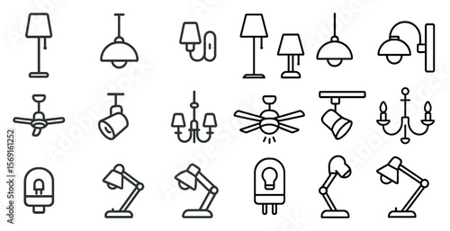 Collection of various types of light fixtures, including lamps, ceiling fans, and light bulbs. Concept of organization and variety, with each type of fixture clearly defined
