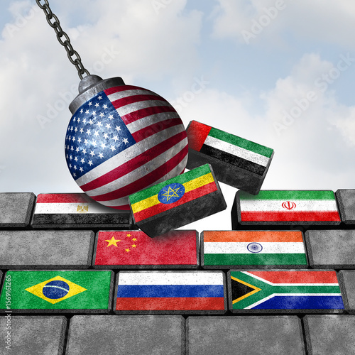 US Brics Conflict and United States Tariff trade war on national Group as Brazil Russia India China and South Africa as emerging market countries as Egypt Ethiopia Iran and the United Arab Emirates.