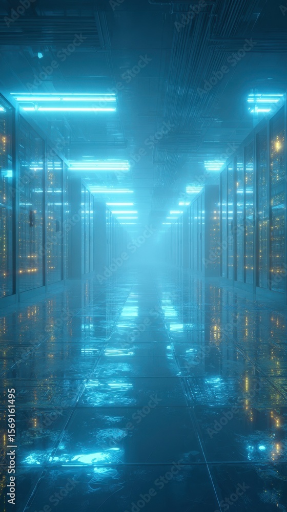 Obraz premium A moody ambiance fills a futuristic server room awash in vibrant blue neon lighting featuring a systematic array of servers with detailed wiring symbolizing the heart of technological