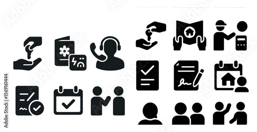 Collection of icons that include a house, a key, a calendar, a check, a pen, and a person