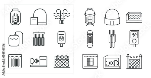 The image is a collection of various objects and symbols, including a water heater, a fish, a pool, and a thermometer. Scene is one of utility and practicality