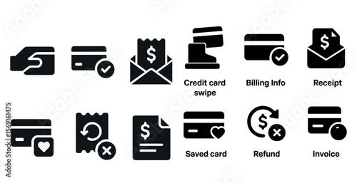 Set of icons for credit card payments, including a check, a credit card, a bill, and a receipt