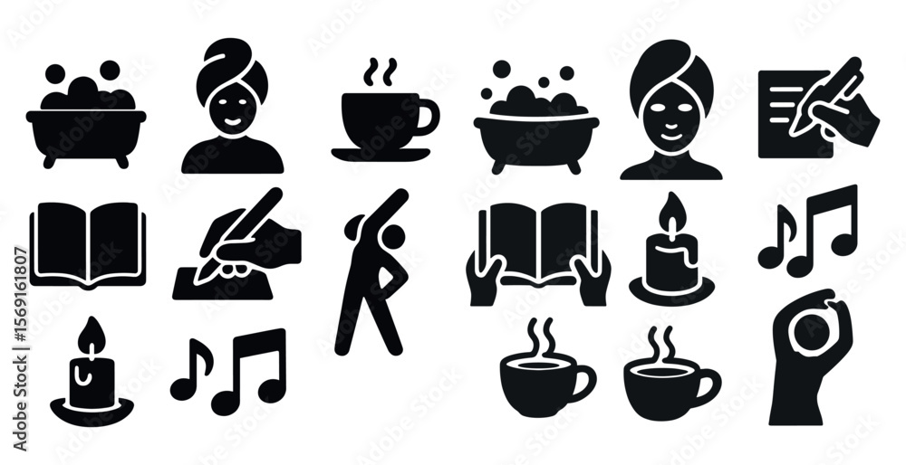 Collection of black and white icons that represent various activities and objects, such as a book, a cup, a candle, and a person Collection of black and white icons that represent various activities and objects, such as a book, a cup, a candle, and a person
