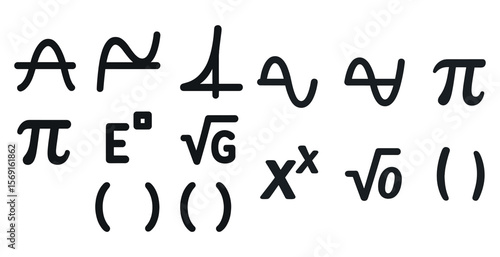 Series of mathematical symbols are displayed in black on a white background. The symbols include Pi, E, V, G, X, and O. Concept of order and precision