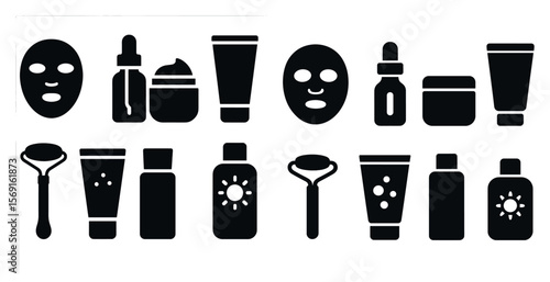 Collection of beauty products including a bottle of lotion, a bottle of sunscreen, and a bottle of makeup remover
