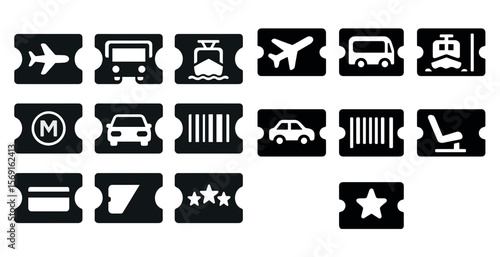 Set of black and white tickets with various transportation icons such as airplanes, buses, and trains