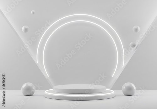 부드러운 곡선과 은은한 조명이 어우러진 미니멀한 화이트 배경의 제품 전시대