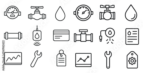 Set of symbols and icons for plumbing and water systems. The symbols include a wrench, a water meter, a credit card, and a paper. Scene is professional and technical