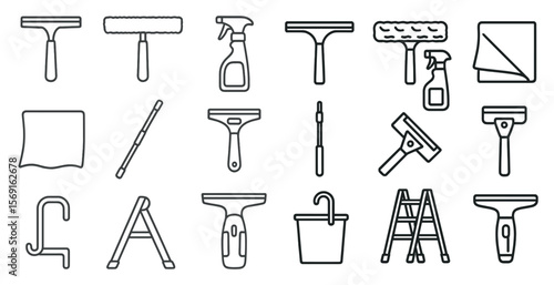 Set of cleaning tools and supplies. The tools include a squeegee, a bucket, a spray bottle, and a ladder. The supplies include a cloth, a brush, and a mop