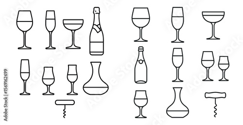 Set of wine glasses and bottles are shown in a line. The wine glasses are of various shapes and sizes, and the bottles are of different types, including champagne and wine