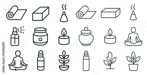 Set of icons for yoga and meditation, including a person in a lotus position, a candle, a bottle of oil, and a plant