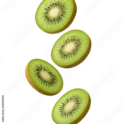 Four fresh sliced kiwi fruits falling down isolated on transparent background