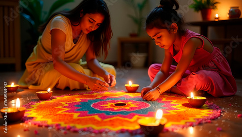 A young girl creating a rangoli with her mother, bright powders and petals forming patterns, diyas lit around, family bonding during Diwali