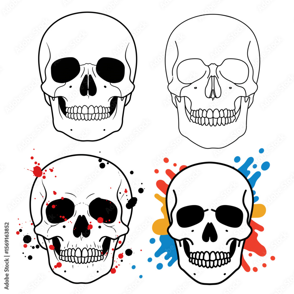 Spooky skull design set, a creative collection of skull outlines perfect for Halloween, horror designs, and tattoo art projects. Spooky skull design set, a creative collection of skull outlines perfect for Halloween, horror designs, and tattoo art projects.