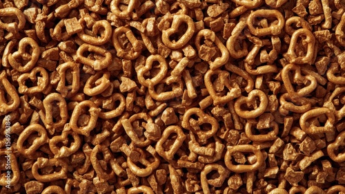 Surface of crispy salted pretzels snack close-up texture background fo