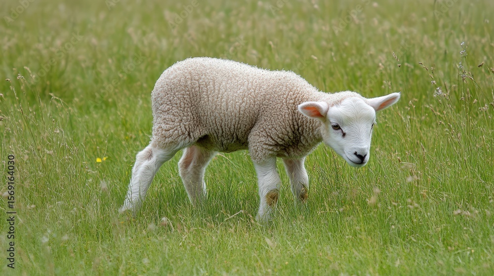 Obraz premium A lamb grazing in a grassy field.